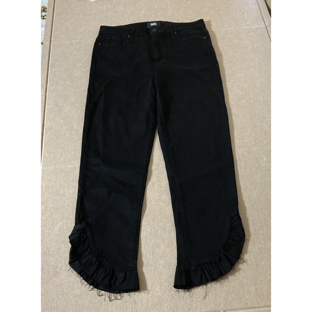 Paige Hoxton Straight Ankle Jeans Sz 32 Black Ruffle Hem Flare High Waisted - Picture 2 of 9